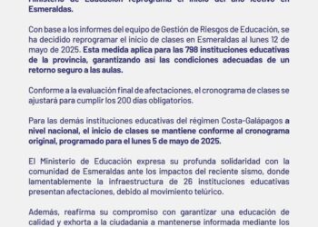 Luego de temblor en Esmeraldas, las autoridades educativas determinaron, que el 12 de mayo se inician las clases
